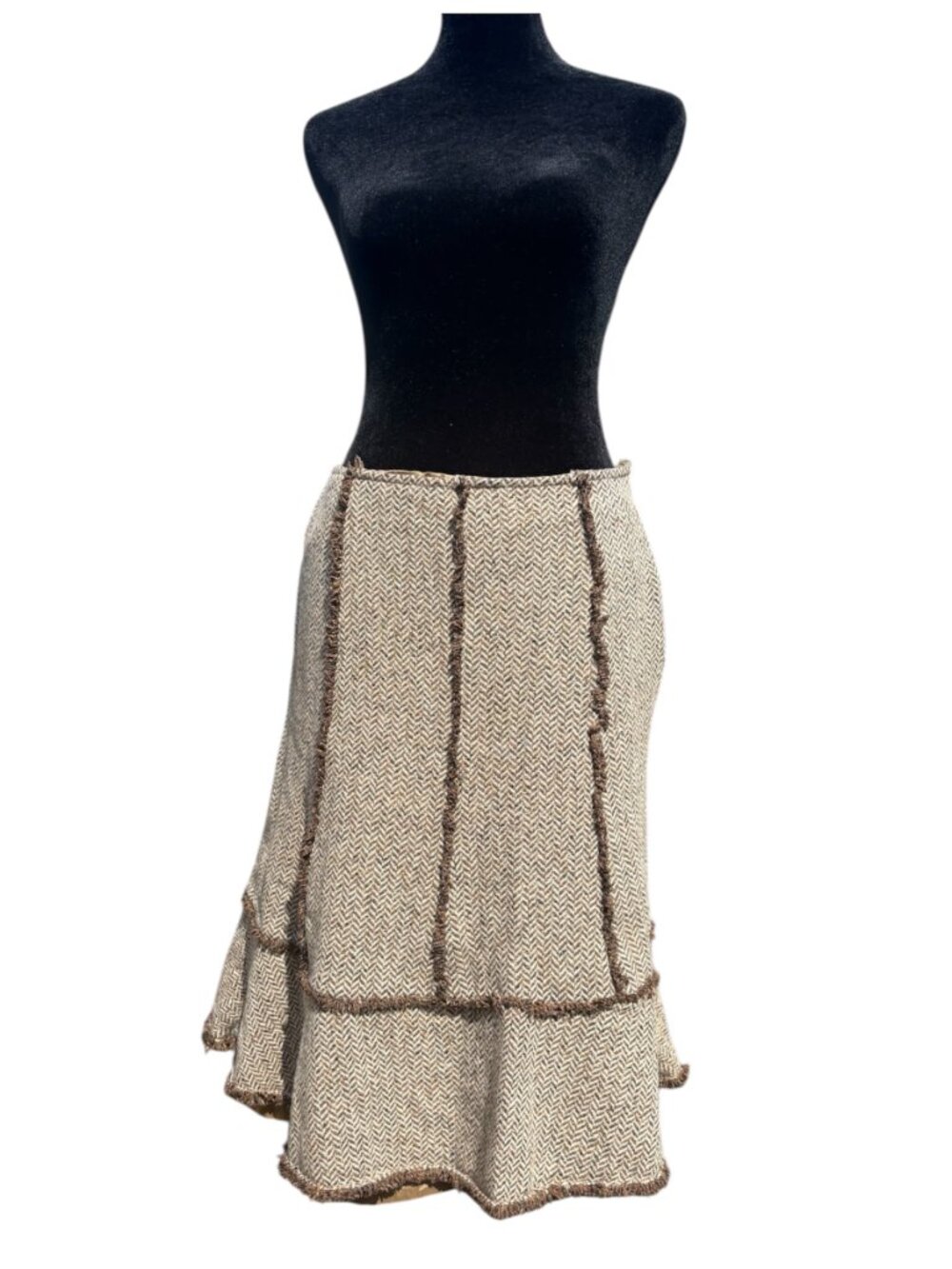 Wool silk blend vintage skirt tweed herringbone brown knee length women's 4